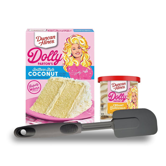 Duncan Hine's Dolly Parton's Favorite Southern-Style Coconut Cake Mix and Spatula Gift Set! Coconut Flavored Cake Mix With Vanilla Frosting and Spatula Included