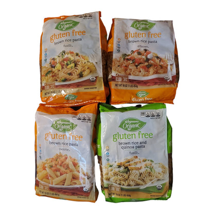 Wegmans Organic Vegan Pasta Bundle: Gluten Free Brown Rice Pasta Penne, Elbows, Fusilli, and Brown Rice and Quinoa Fusilli - 4 bags, 16 oz each, 4 pounds in total